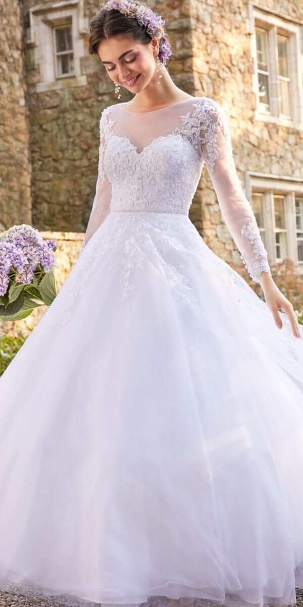 Long Sleeve Illusion Embroidered Tulle Ballgown missy / 18 / White