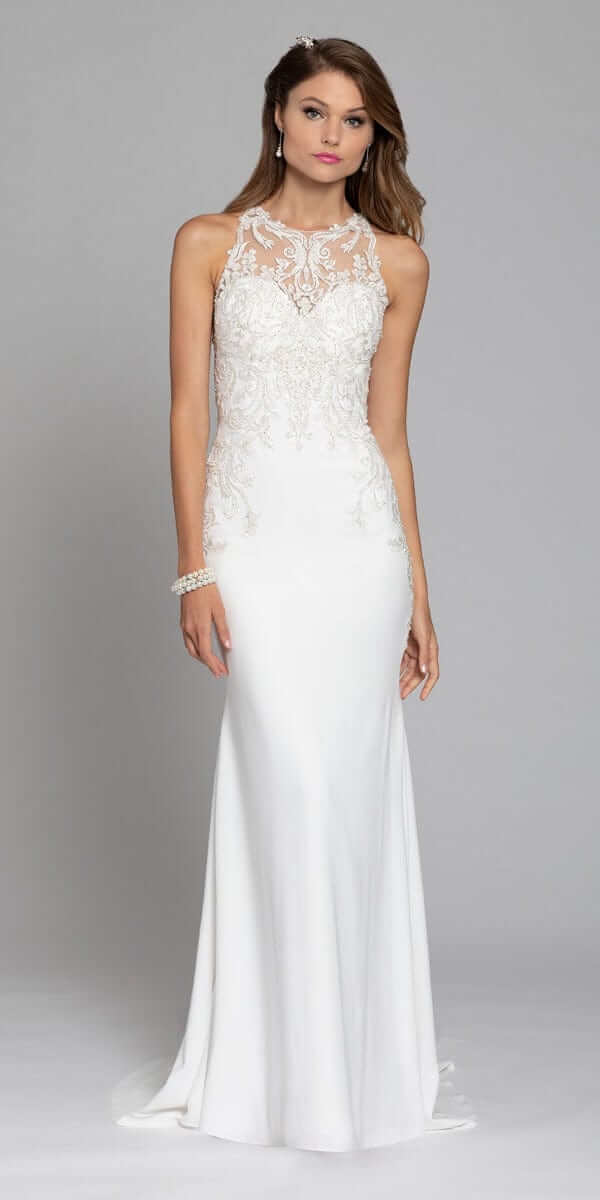 Crepe Applique Illusion Waist Gown missy / 16 / ivory