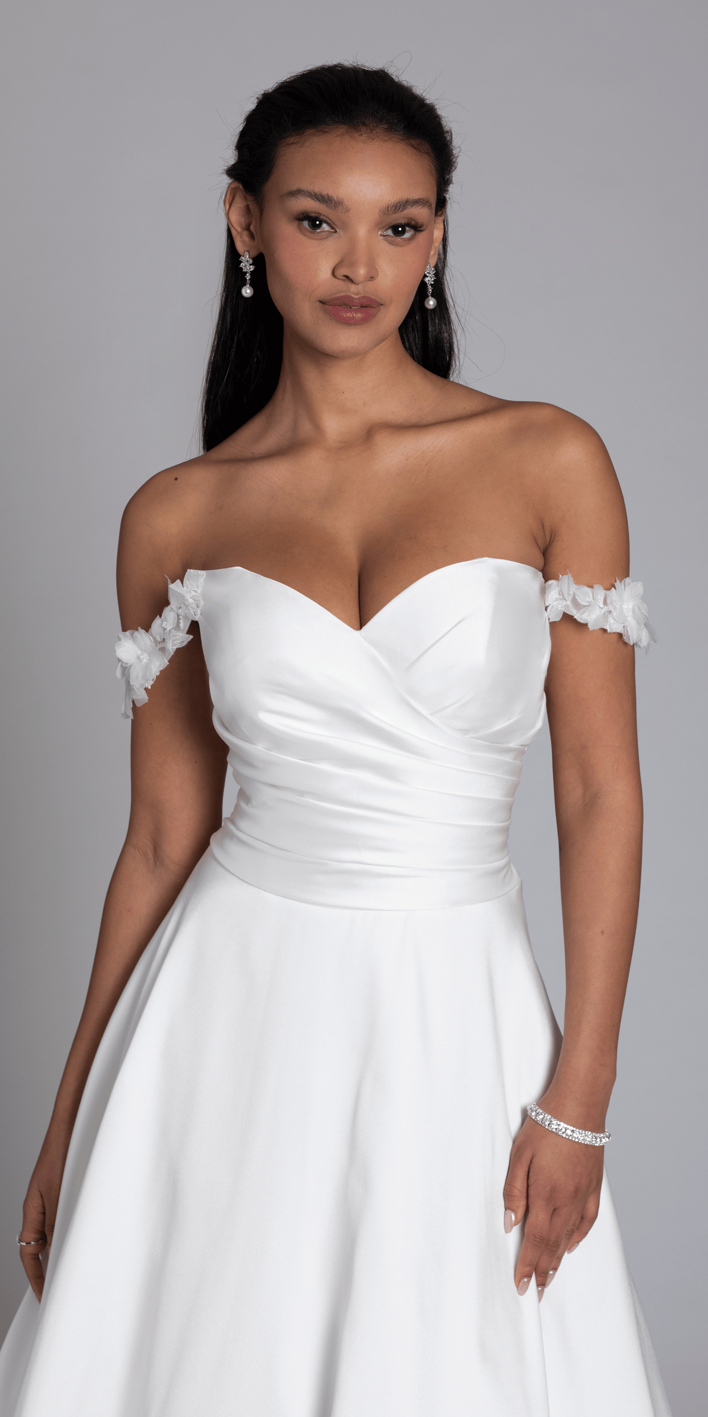 ivory/size/4/missy/Camille La Vie/Mikado Off the Shoulder Pleated Bodice Ballgown with Pockets /close up