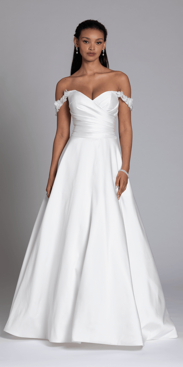 ivory/size/4/missy/Camille La Vie/Mikado Off the Shoulder Pleated Bodice Ballgown with Pockets /front alt