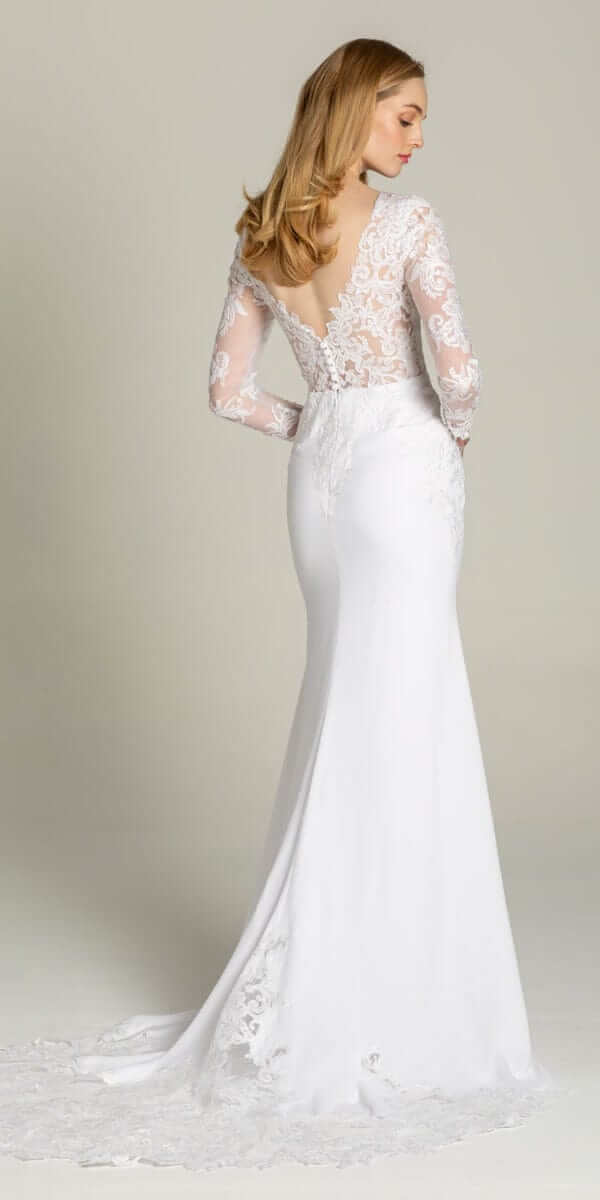 Long Sleeve V Back Crepe Dress with Embellished Appliques Camille La Vie Long Sleeve V Back Crepe Dress with Embellished Appliques Camille La Vie