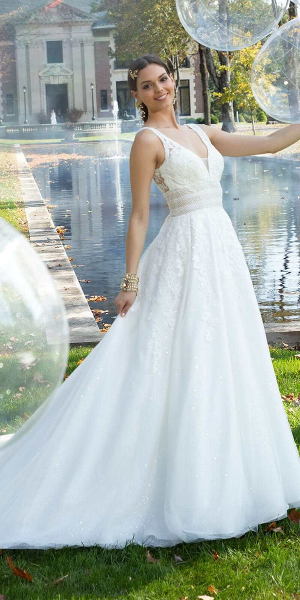 Glitter Embroidered Plunging Box Pleat Tulle Ballgown – Camille La Vie