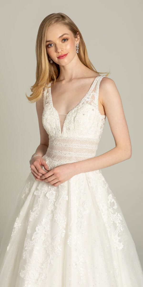 ivory/size/4/missy/Camille La Vie/Glitter Embroidered Plunging Box Pleat Tulle Ballgown/closeup