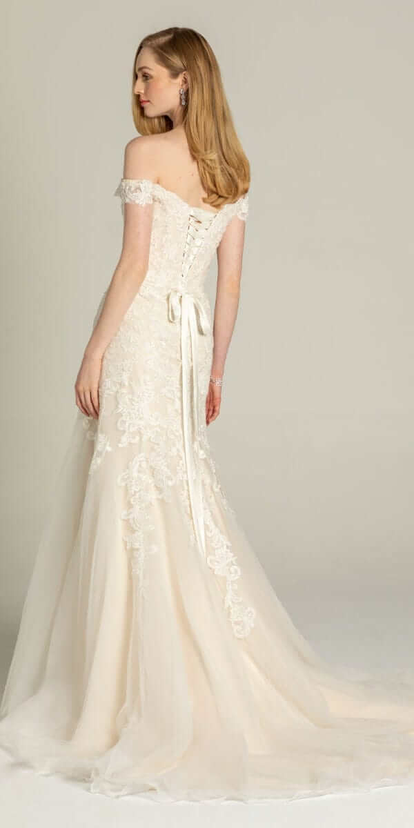 Off The Shoulder Embroidered Corset Trumpet Dress - Missy / 4 / Ivory