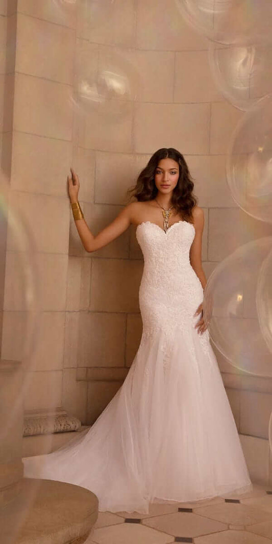 Sweetheart Embroidered Trumpet Dress with Tulle Godets - missy / 8 / White Sweetheart Embroidered Trumpet Dress with Tulle Godets - missy / 8 / White