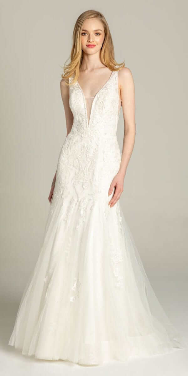 ivory/size/2/missy/Camille La Vie/Rhinestone Studded Embroidered Plunging Glitter Trumpet Dress/front