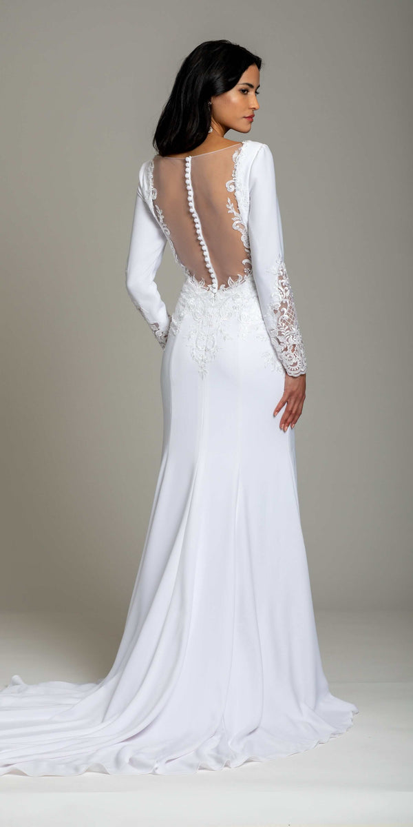 Crepe Embroidered Long Sleeve Illusion Back Column Dress - missy / 14 / ivory Crepe Embroidered Long Sleeve Illusion Back Column Dress - missy / 14 / ivory