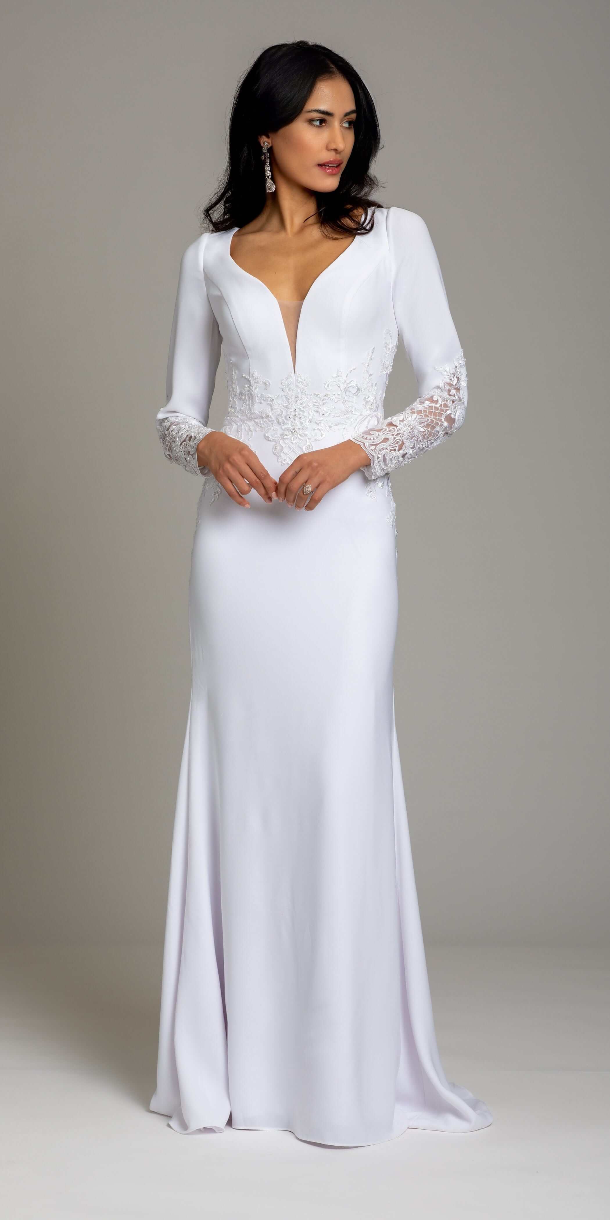 Crepe Embroidered Long Sleeve Illusion Back Column Dress – Camille