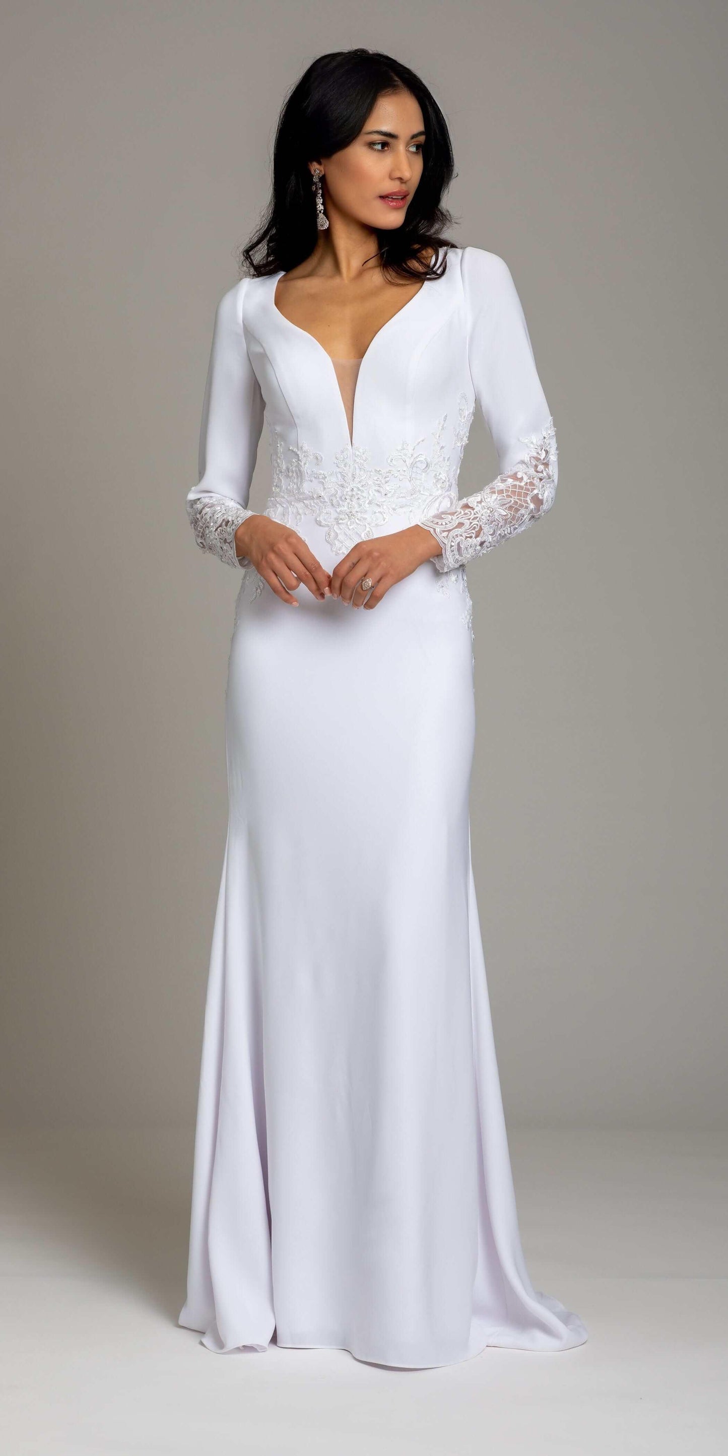 Crepe Embroidered Long Sleeve Illusion Back Column Dress missy / 14 / ivory