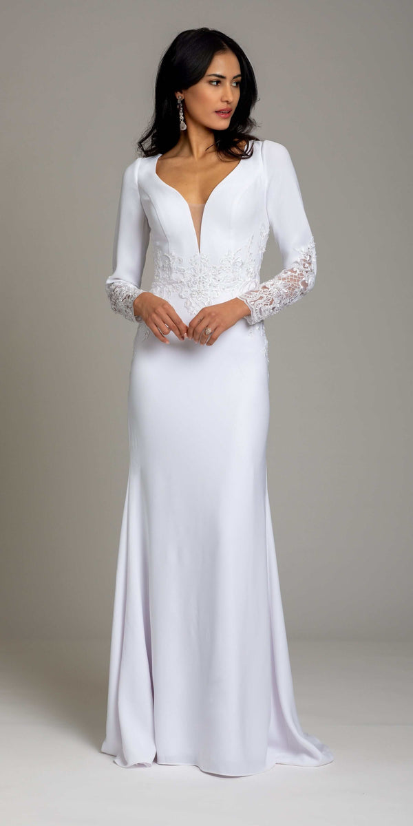 Crepe Embroidered Long Sleeve Illusion Back Column Dress Image 1
