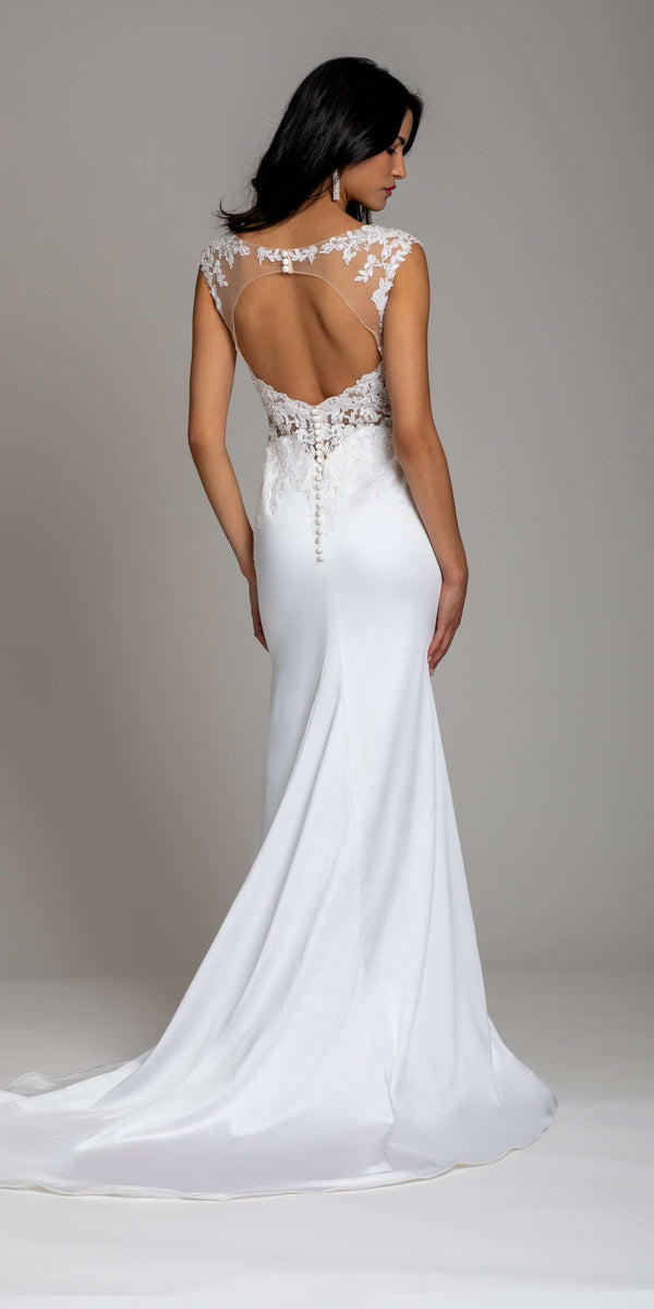 white/size/4/missy/ Camille La Vie/Embellished Illusion Keyhole Cap Sleeve Satin Trumpet Dress /back 1