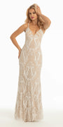 ivory/size/4/missy/Camille La Vie/Pearl Sequin Plunging Mesh Lace Up Back Column Dress/alt