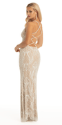 Pearl Sequin Plunging Mesh Lace Up Back Column Dress Image 4