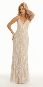Pearl Sequin Plunging Mesh Lace Up Back Column Dress Image 1