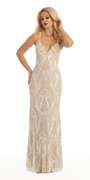 Pearl Sequin Plunging Mesh Lace Up Back Column Dress Image 3