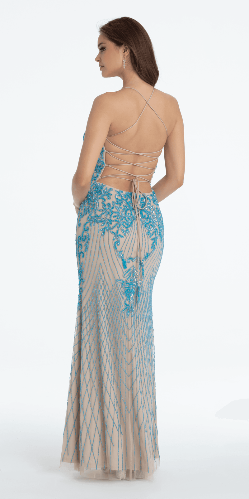 Strappy Back Mesh Beaded Sweetheart Column Dress Image 4