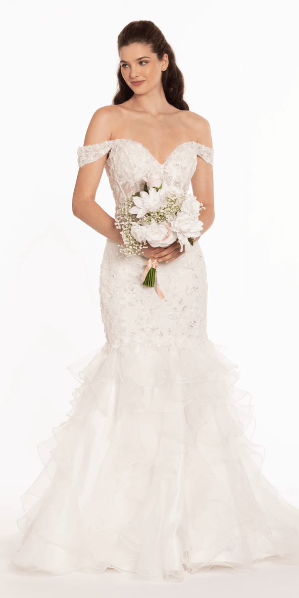 white christmas dresses Off the Shoulder Lace Applique Corset Mermaid Dress – Camille La Vie