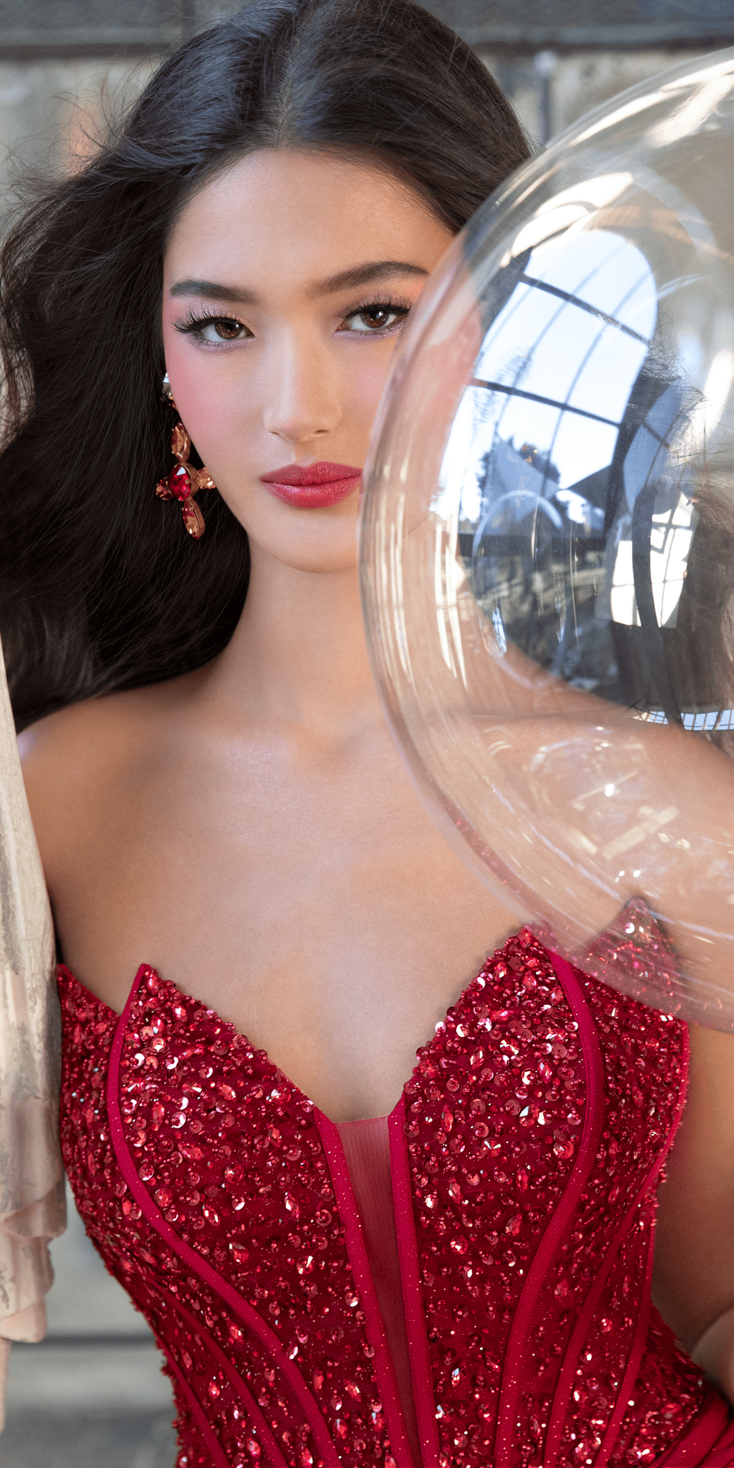 Glitter Knit Embellished Sweetheart Corset Trumpet Dress with Ruching Missy / 2 / Dark-red