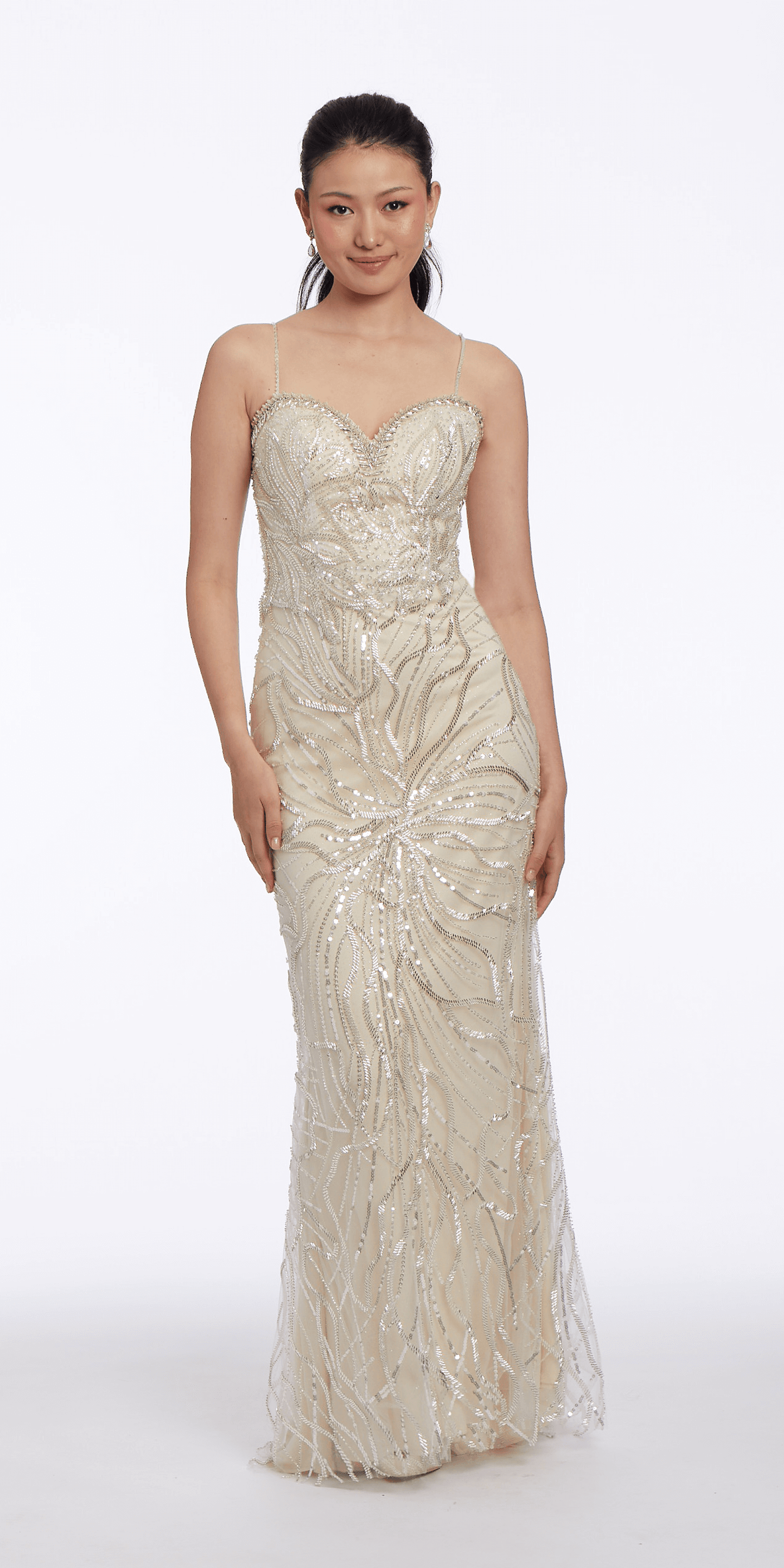Camille La Vie Abstract Beaded Mesh Sweetheart Column Dress with Sheer Back Panel missy / 0 / ivory-nude