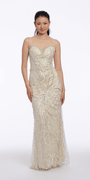 Abstract Beaded Mesh Sweetheart Column Dress with Sheer Back Panel Image 1