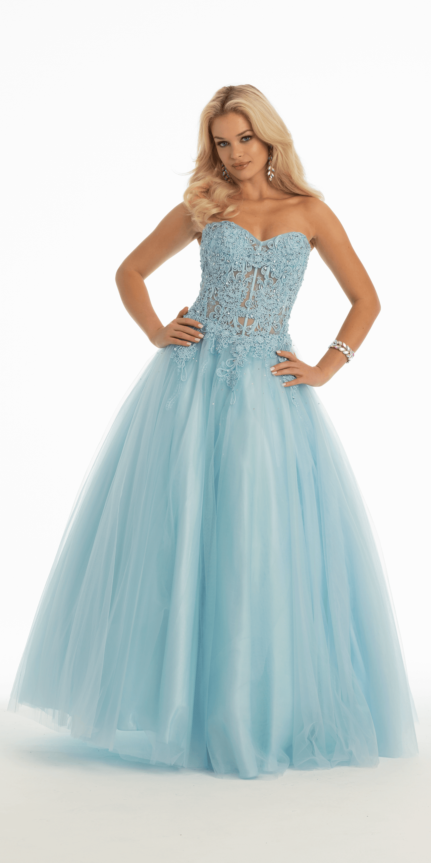Camille La Vie Sweetheart Embroidered Corset Ballgown with Heat Set Stones missy / 0 / sky-blue