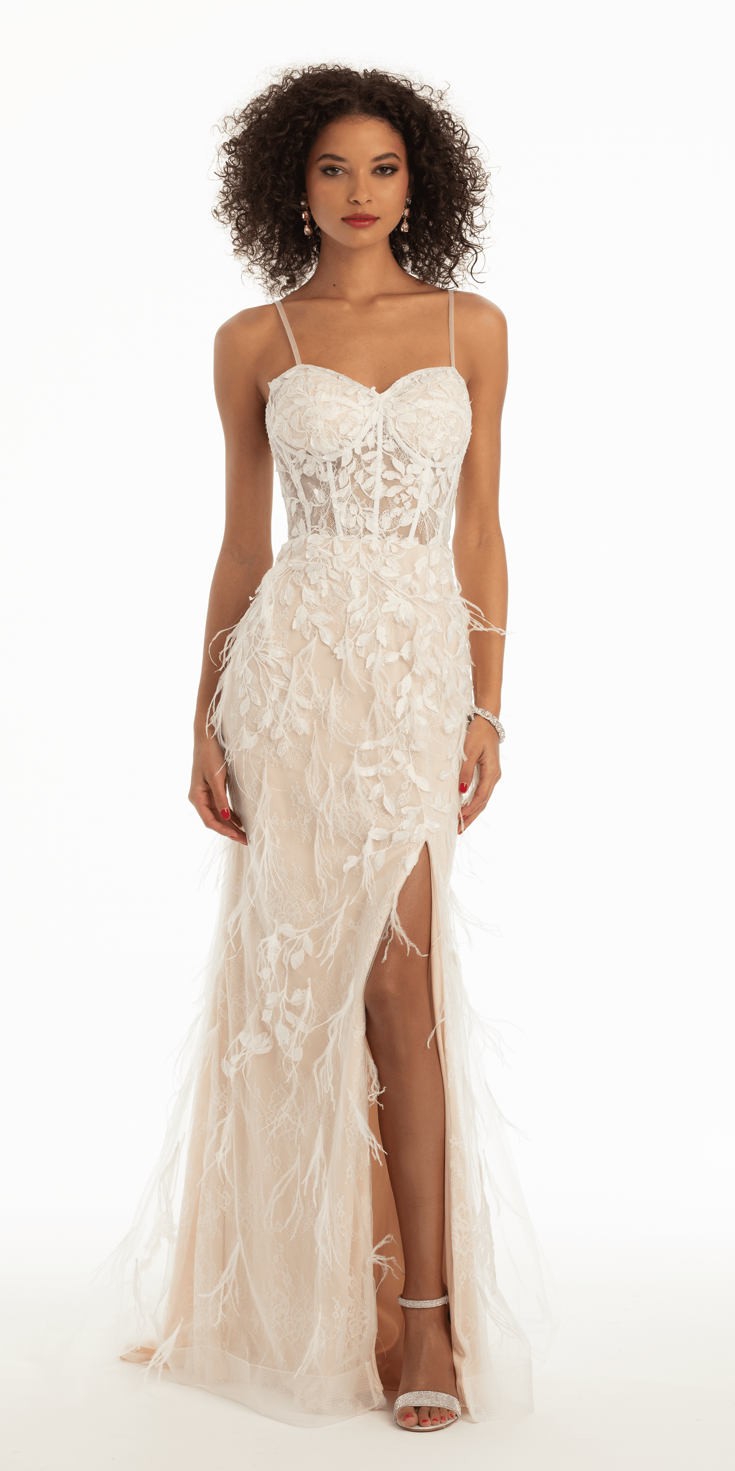 Camille La Vie Embroidered Sweetheart Corset Mesh Column Dress with Feathers missy / 0 / ivory-nude