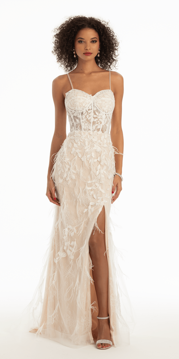 Embroidered Sweetheart Corset Mesh Column Dress with Feathers Image 1