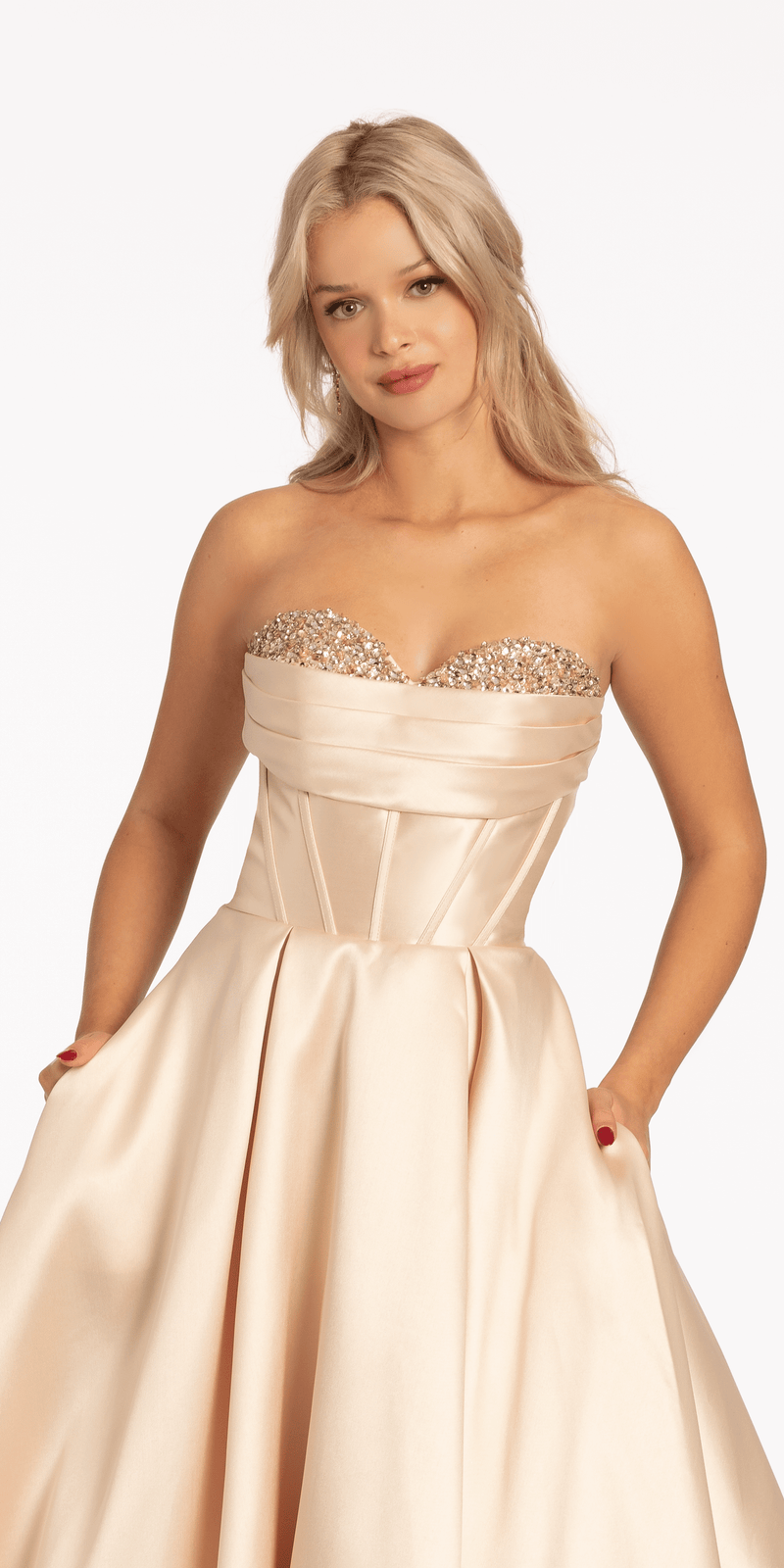 Pleated Mikado Beaded Ballgown with Pockets missy / 16 / champagne Pleated Mikado Beaded Ballgown with Pockets missy / 16 / champagne