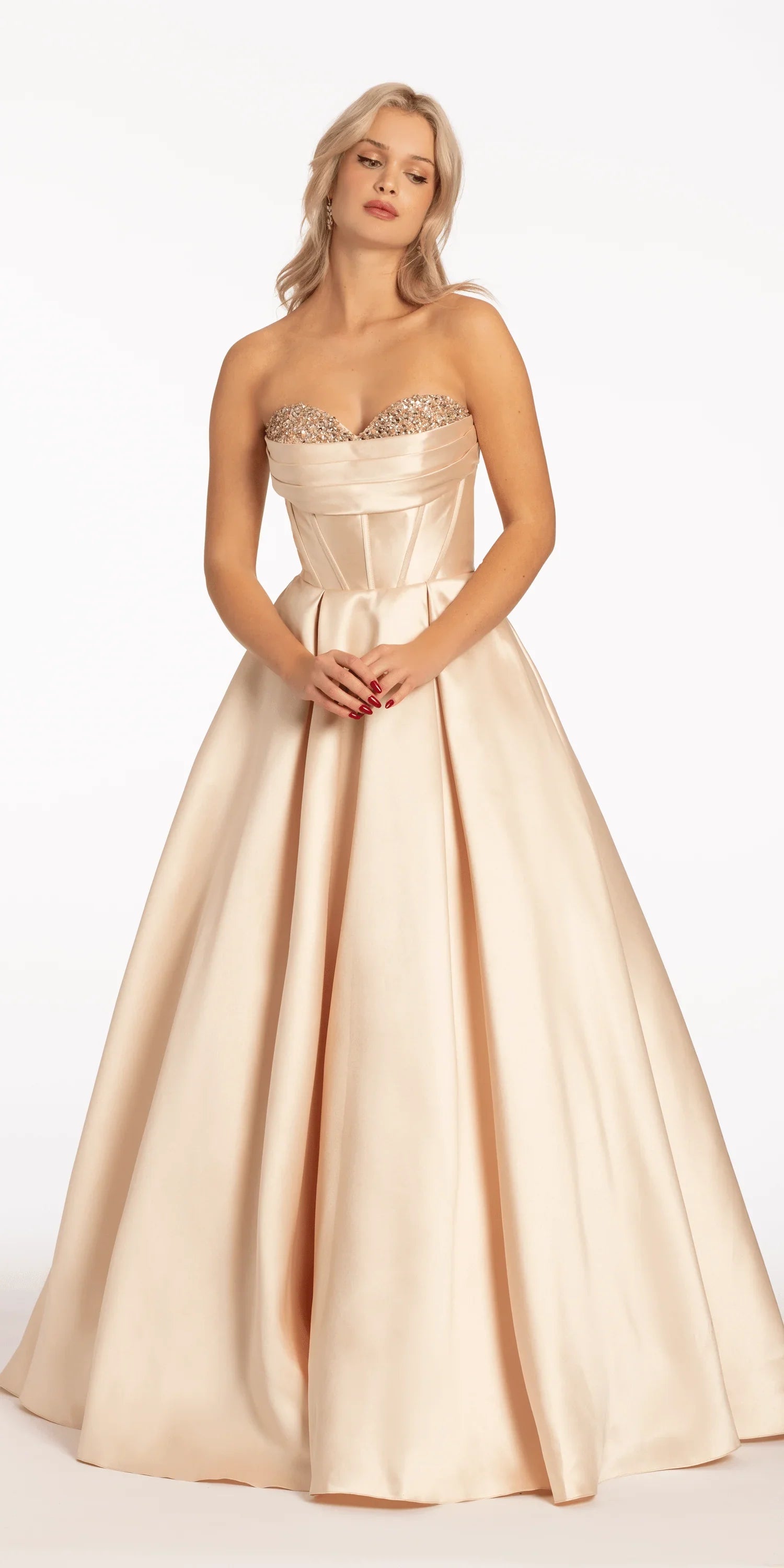 tan prom dress Slit Long by LaDivine 7485 Homecoming Dresses Designer Beaded-Bodice Long Tan Prom Dress