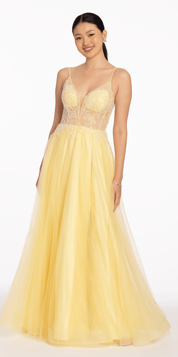 Plunging Crystal Bodice Tulle A Line Dress Image 1