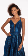 sapphire/size/4/missy/Camille La Vie/Plunging Metallic Beaded Jacquard Ballgown with Pockets/front alt