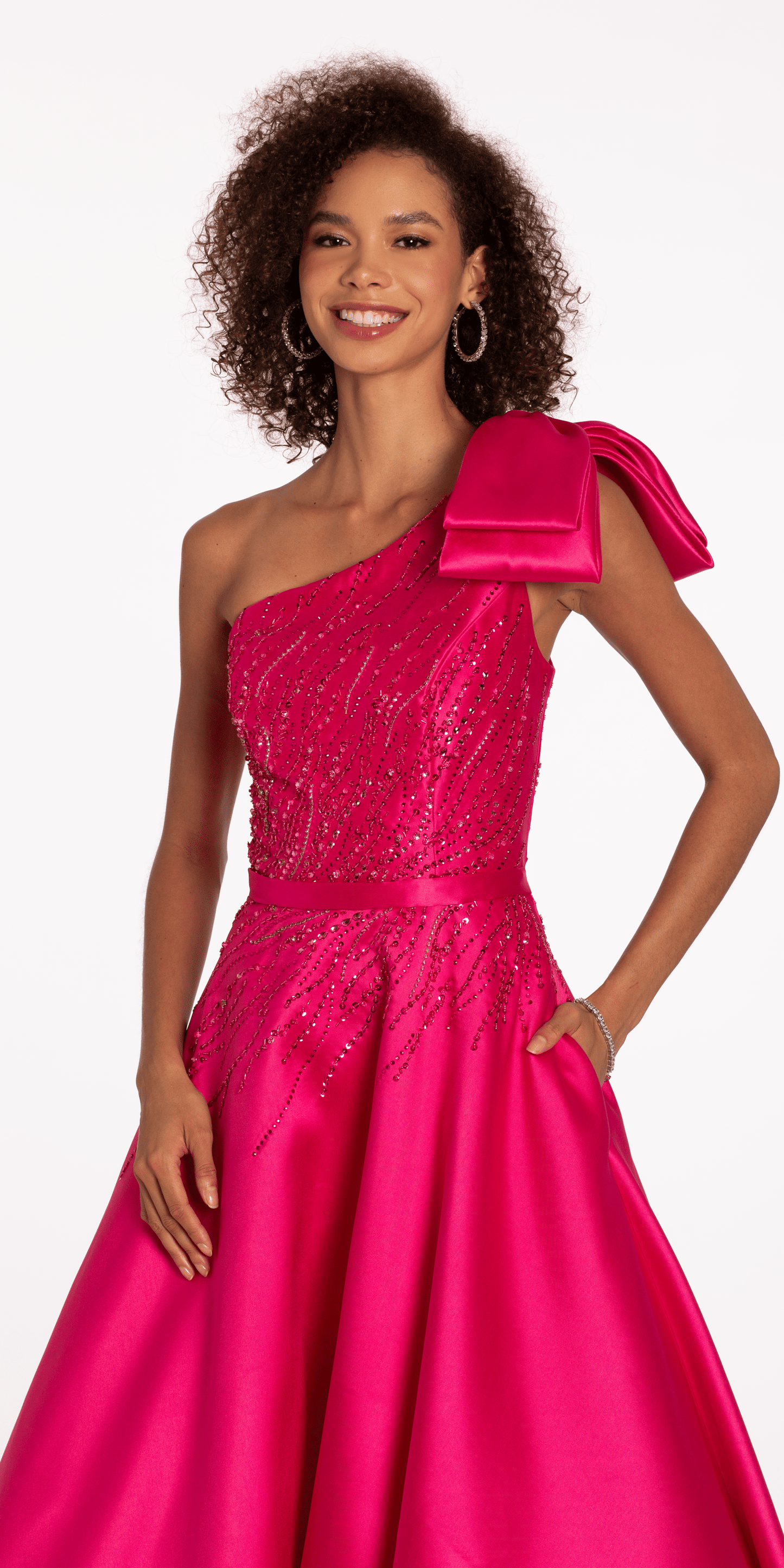 Mikado Beaded One Shoulder Ballgown with Bow – Camille La Vie Mikado Beaded One Shoulder Ballgown with Bow – Camille La Vie