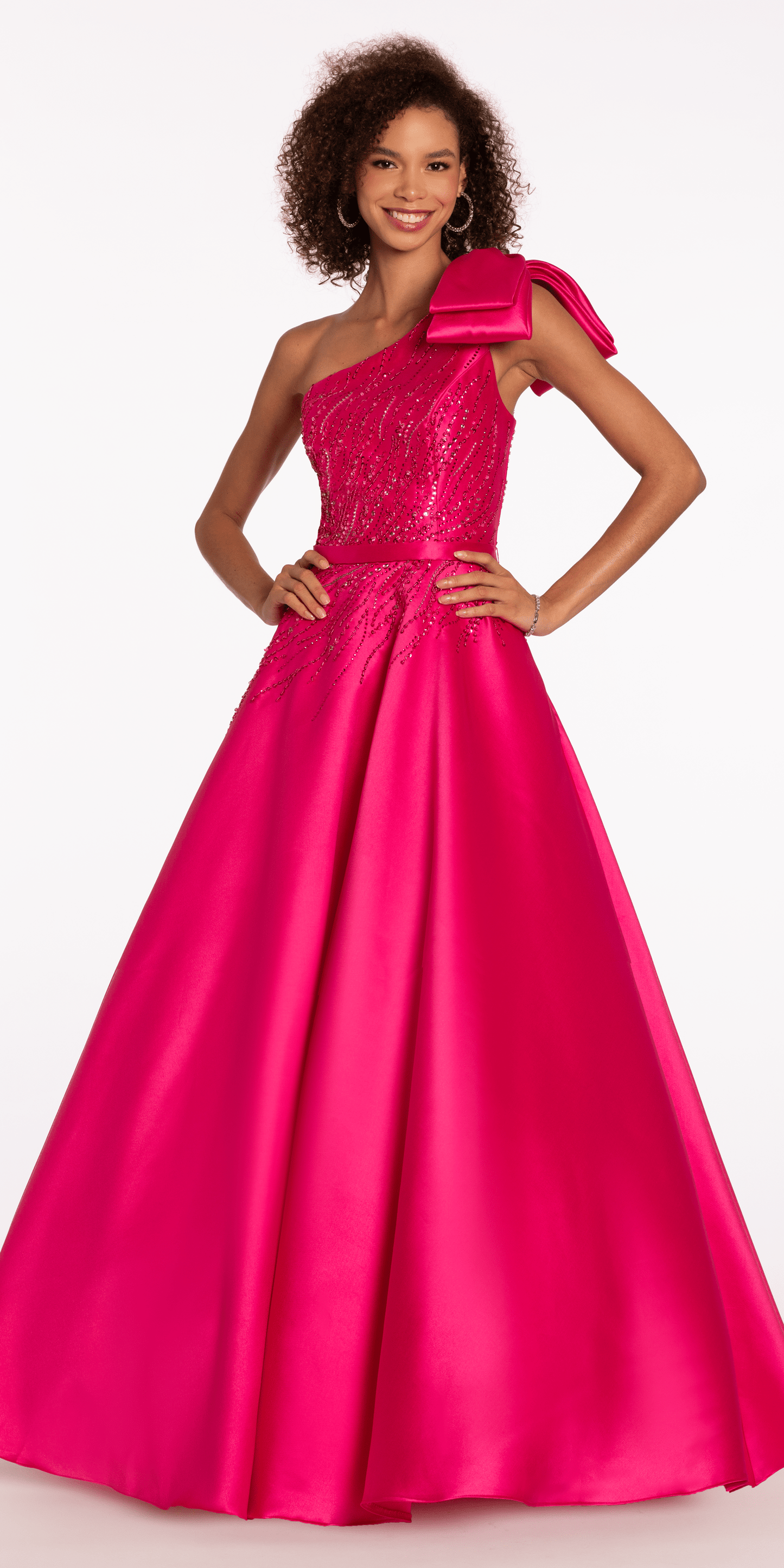 Camille La Vie Mikado Beaded One Shoulder Ballgown with Bow missy / 0 / dark-pink