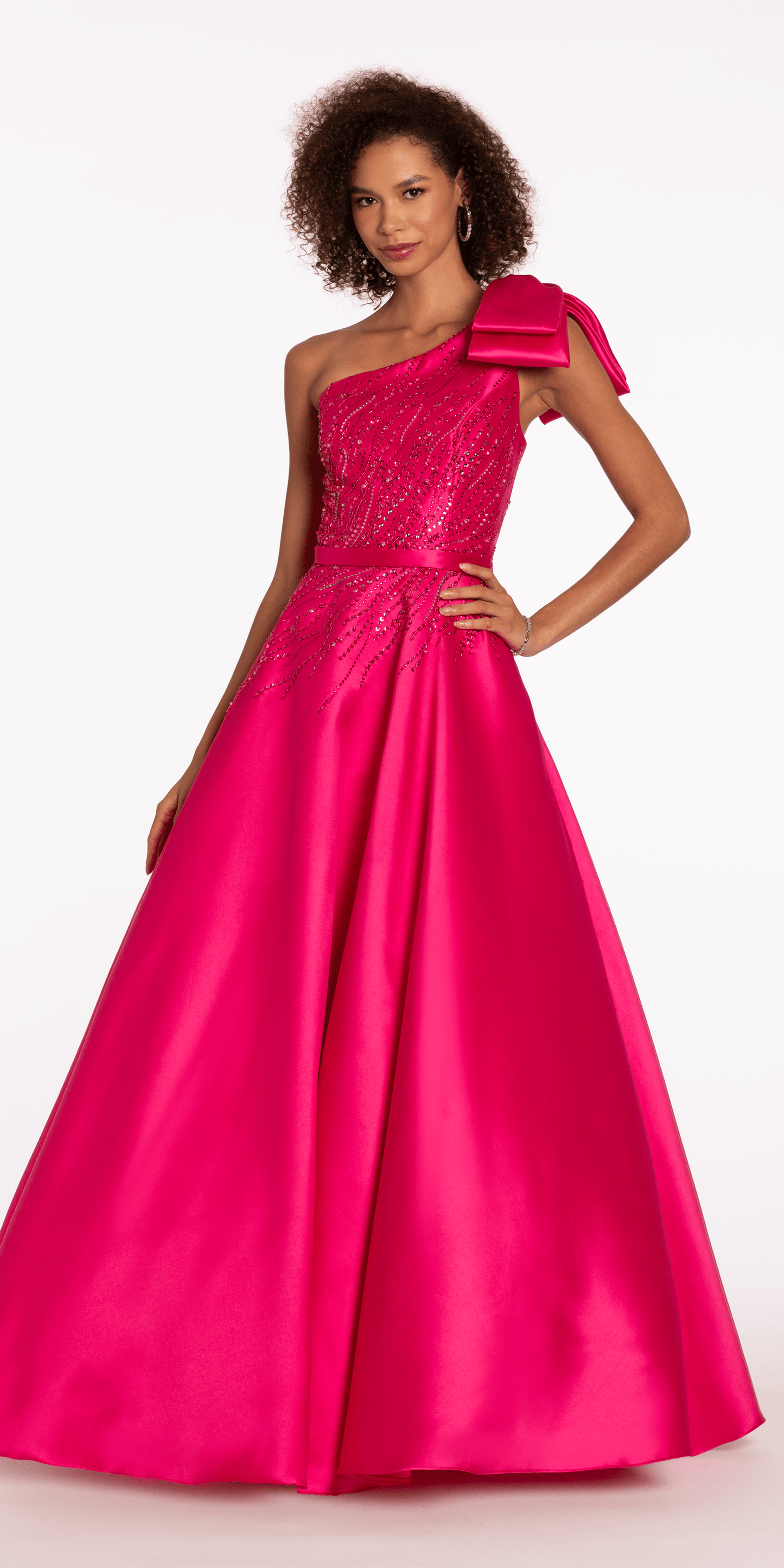 Camille La Vie Mikado Beaded One Shoulder Ballgown with Bow