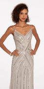 V Back Crossover Beaded Mesh Column Dress with Sheer Side Panels Image 2