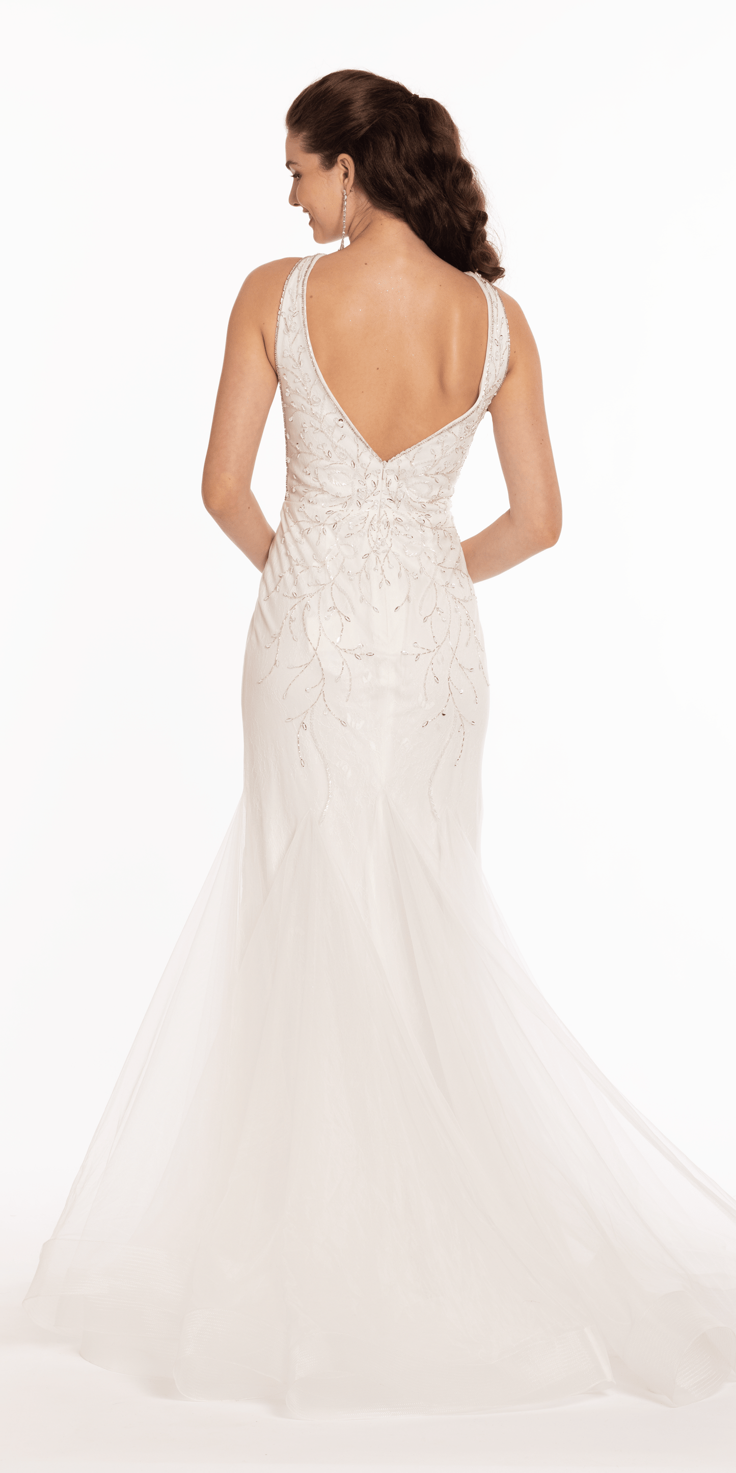 Camille La Vie Plunging Beaded Lace V Back Mermaid Dress