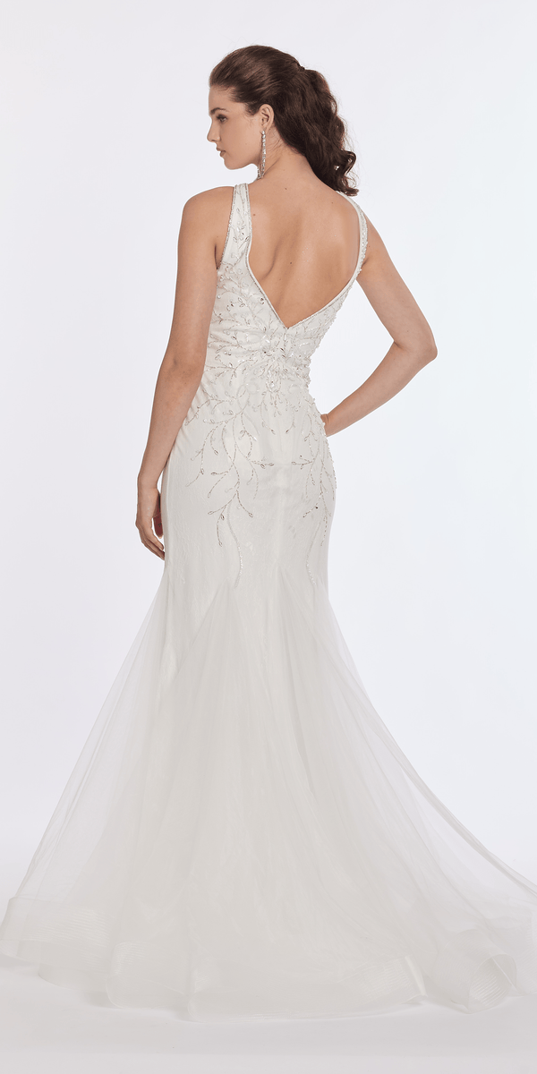 Plunging Beaded Lace V Back Mermaid Dress Image 9