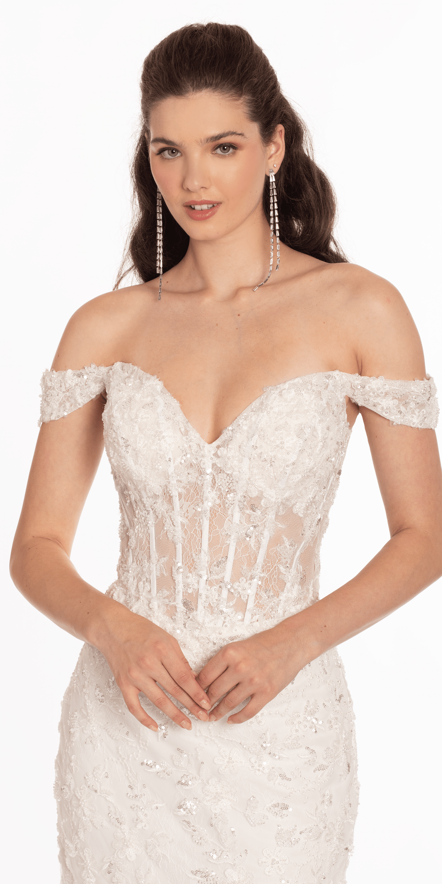 Camille La Vie Off the Shoulder Lace Applique Corset Mermaid Dress