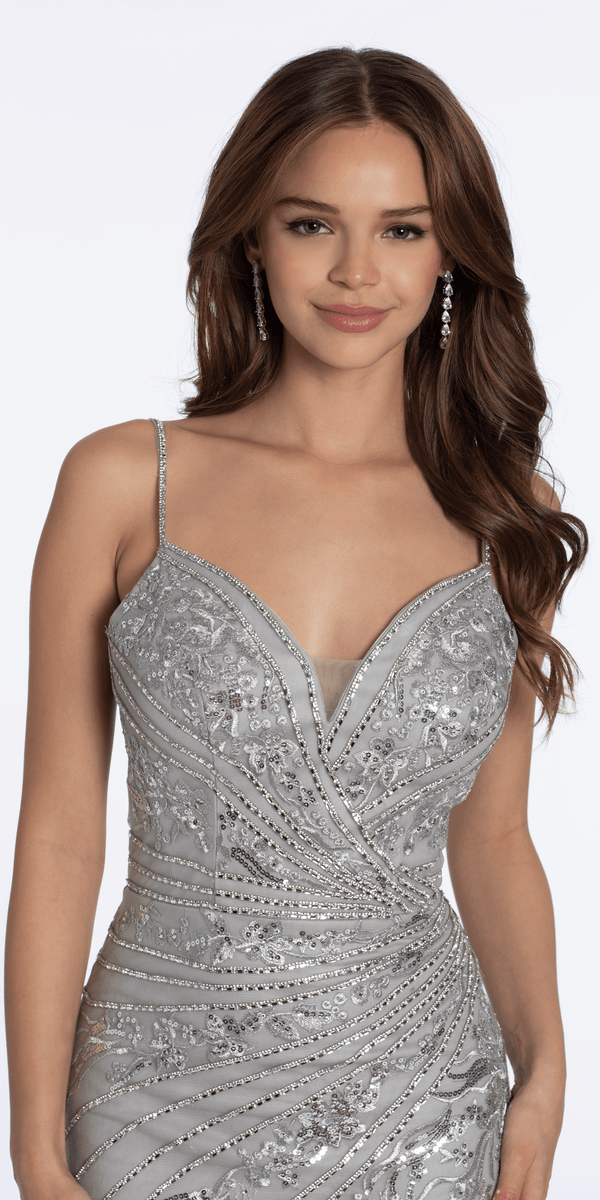 Mesh Metallic Embroidered Sweetheart Column Dress Image 2