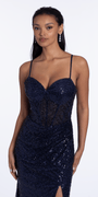 Double X Back Sequin Mesh Corset Column Dress with Sweep Train - Camille La Vie
