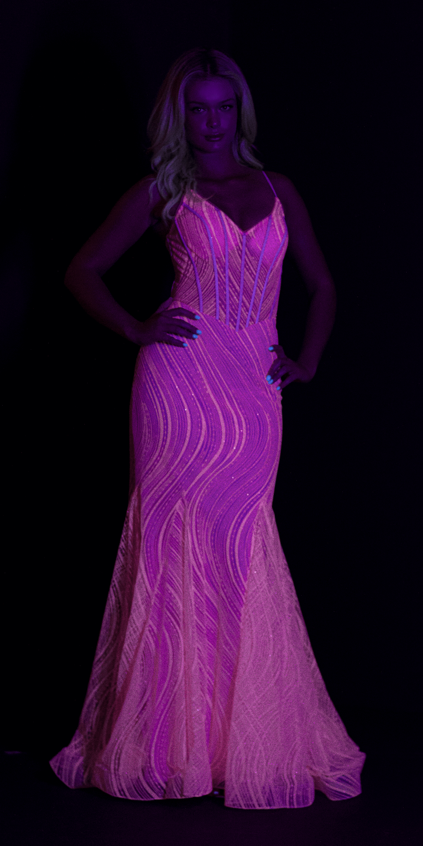 bubblegum/size/0/missy/Camille La Vie/Glitter Glow in the Dark Swirl Sweetheart Corset Mermaid Dress with Godets/front glow 1