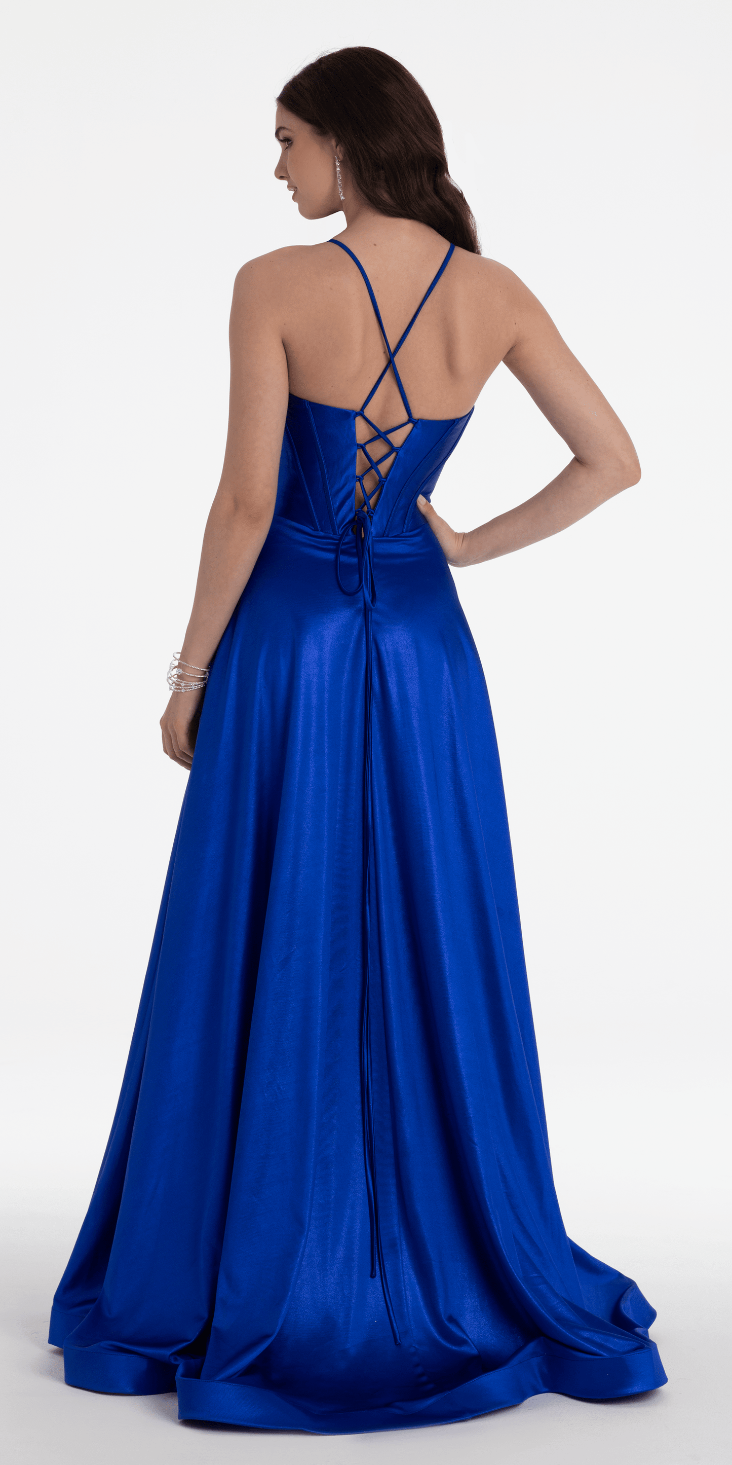Camille La Vie /Twist Bodice Satin Corset Ballgown/ missy/size /2 royal blue/ back alt