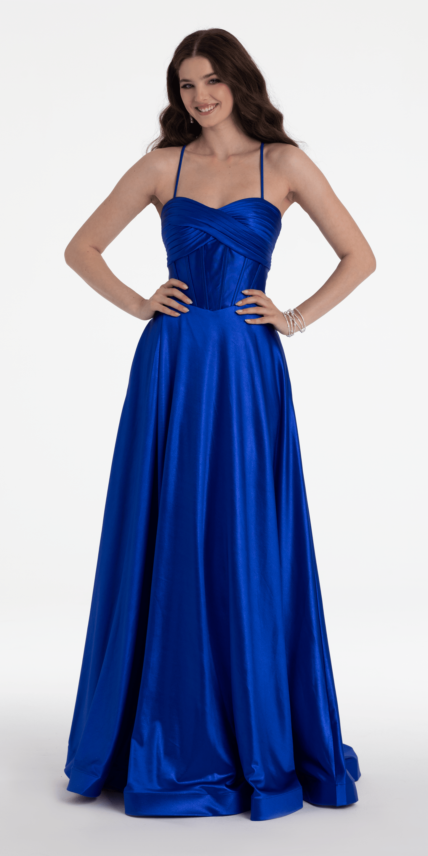 royal-blue/size/4/missy/Camille La Vie/Twist Bodice Satin Corset Ballgown /front alt 2