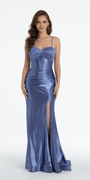 Foil Satin Twist Bodice Corset Column Dress with Side Slit Image 9