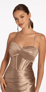 Foil Satin Twist Bodice Corset Column Dress with Side Slit Image 2