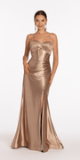 Foil Satin Twist Bodice Corset Column Dress with Side Slit Image 1