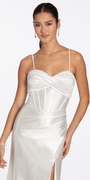 Foil Satin Twist Bodice Corset Column Dress with Side Slit Image 2