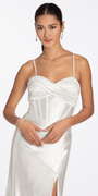 Foil Satin Twist Bodice Corset Column Dress with Side Slit Image 3