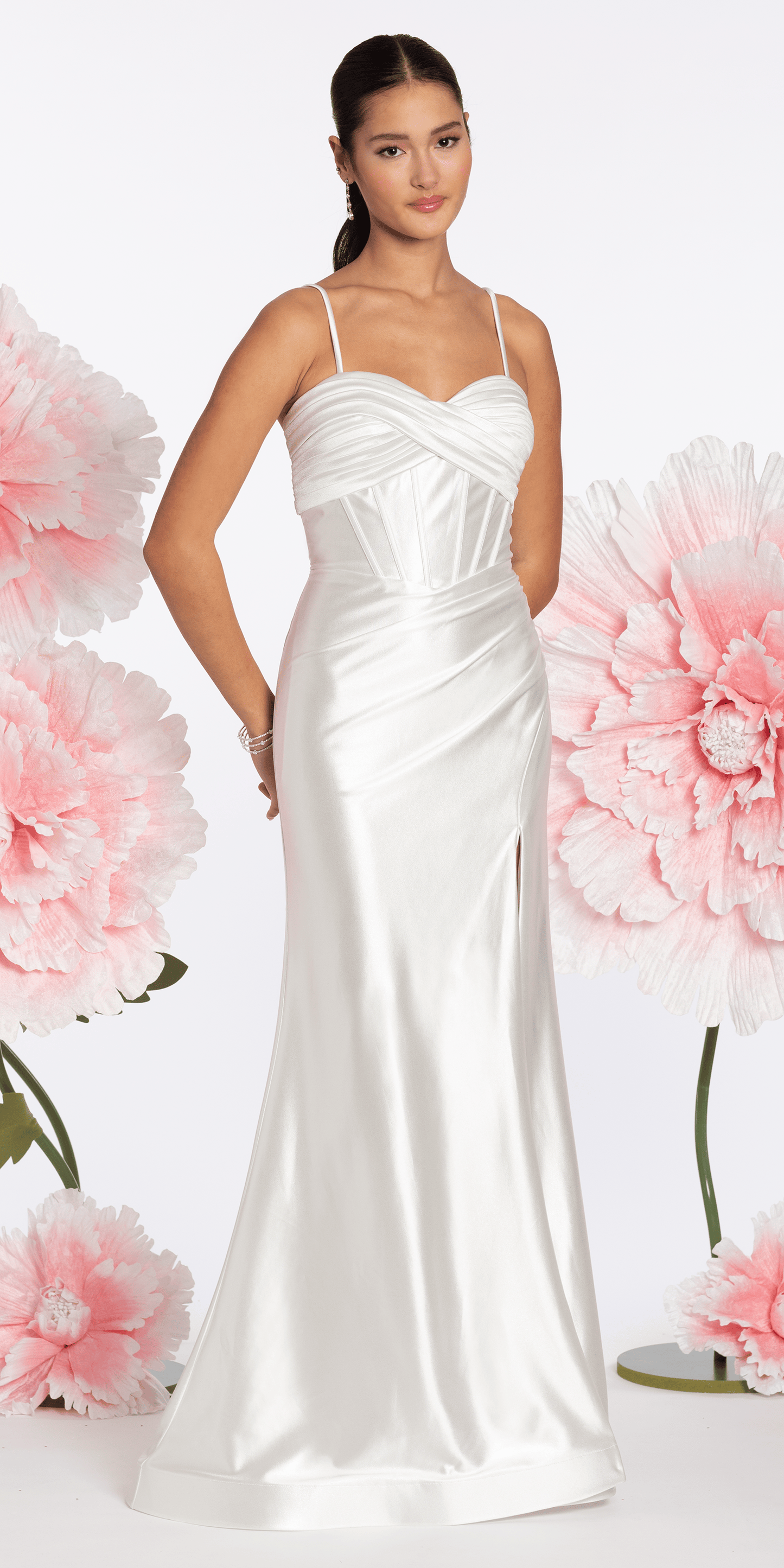 Camille La Vie Foil Satin Twist Bodice Corset Column Dress with Side Slit