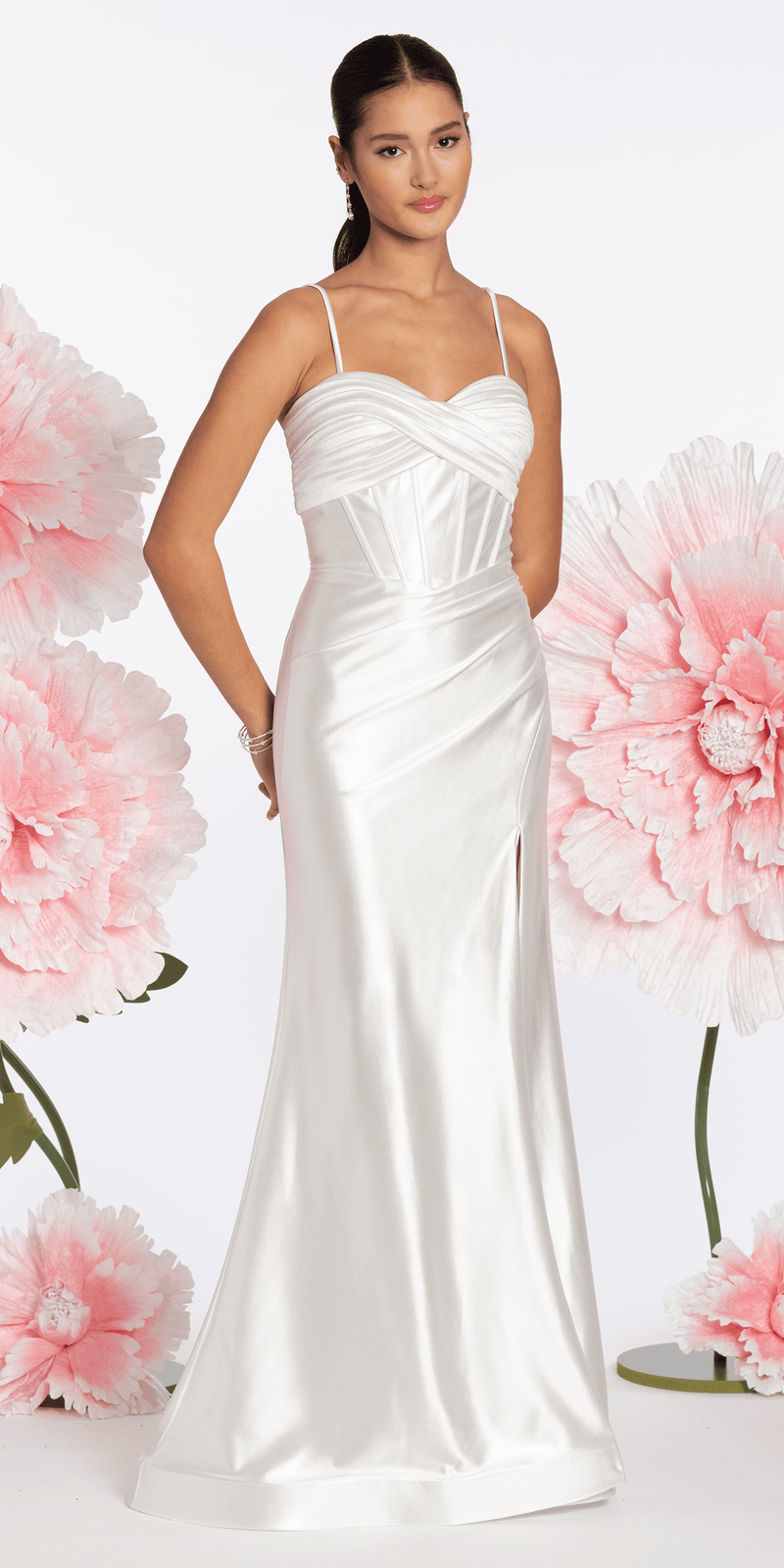 Foil Satin Twist Bodice Corset Column Dress with Side Slit Camille La Vie Foil Satin Twist Bodice Corset Column Dress with Side Slit Camille La Vie